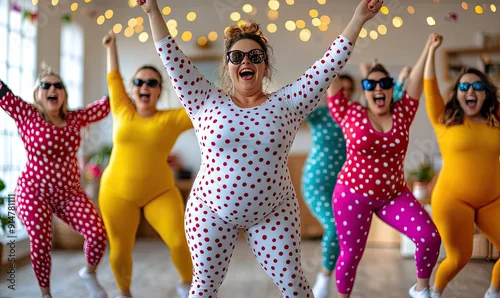 Obraz Woman in Yoga Leggings Dancing at Birthday Party with Friend