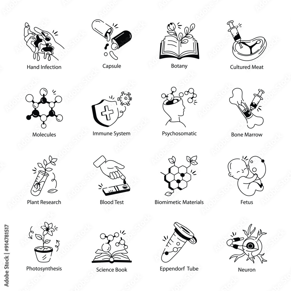 Naklejka premium Bundle of Medical and Biology Sketchy Style Icons