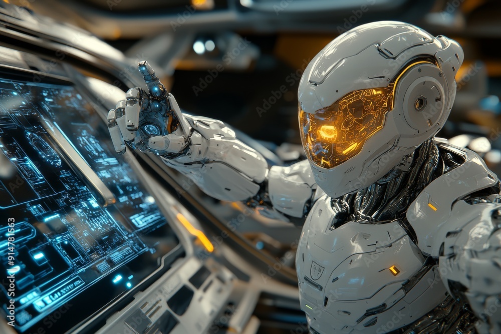 Fototapeta premium Robot arm manipulating digital data demonstrating integration of robotics in data management