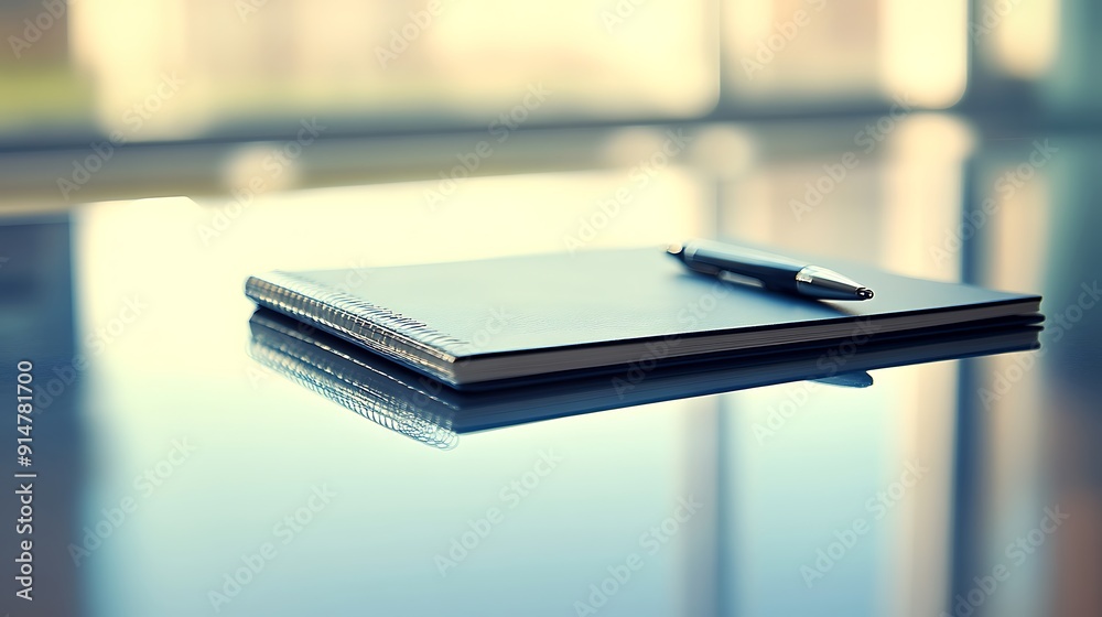 A Closed Notebook and a Pen on a Reflective Surface A Closed Notebook and a Pen on a Reflective Surface
