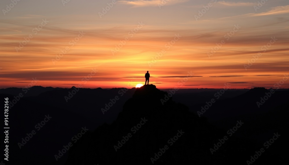 Silhouette of a Person on a Mountaintop at Sunset. Silhouette of a Person on a Mountaintop at Sunset.
