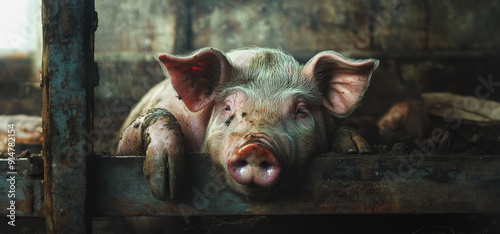 A Young Pig Resting on a Wooden Barrier in a Rustic Barn During Daytime photo