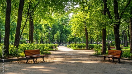 Park scenery with benches in summer　 21st century forest and plaza : Generative AI