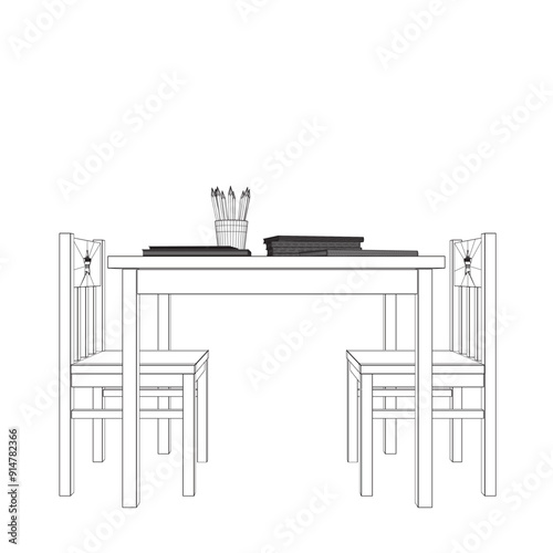 Wireframe of a rectangular table with two chairs made of black lines isolated on a white background. Books and pencils lie on the table. Children's place. Vector illustration. 3D
