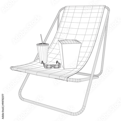 Wireframe of a folding beach chair with a package of popcorn, a glass of soda and cinema glasses. Vector illustration.