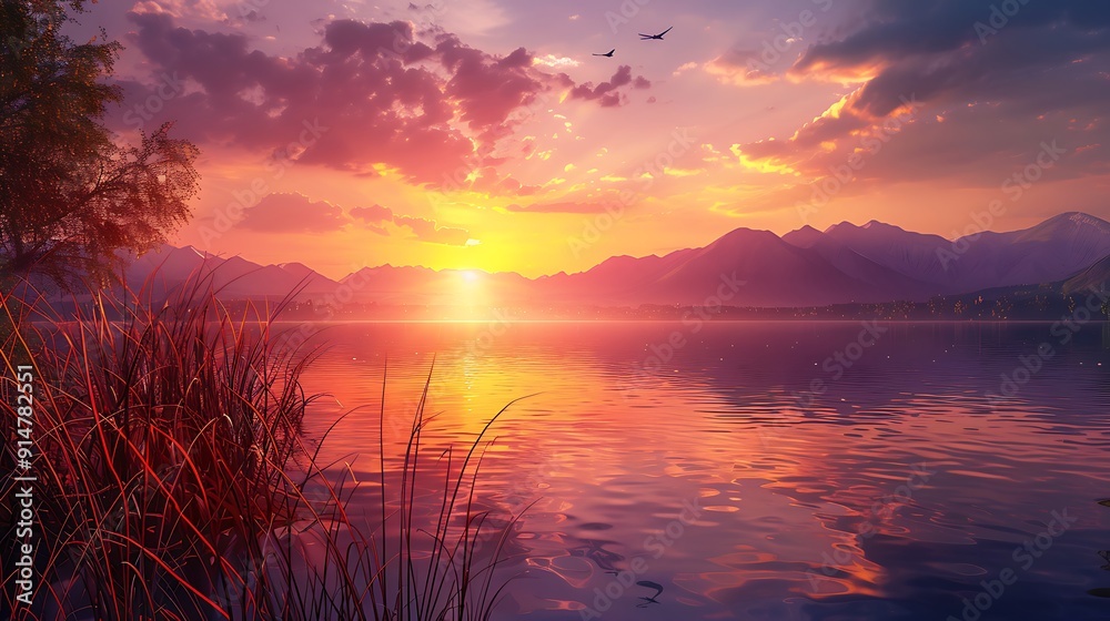 Sunset Over a Serene Mountain Lake Sunset Over a Serene Mountain Lake