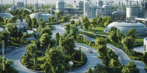 Futuristic Hydrogen-Powered Residential District: Clean Energy Vision with Central Hydrogen Plant, Steel Tanks, and Pipelines. Sustainable Community Living Powered by Green Technology. Wide-Angle 4K W