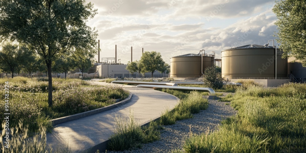 Obraz premium Futuristic Hydrogen-Powered Residential District: Clean Energy Vision with Central Hydrogen Plant, Steel Tanks, and Pipelines. Sustainable Community Living Powered by Green Technology. Wide-Angle 4K W