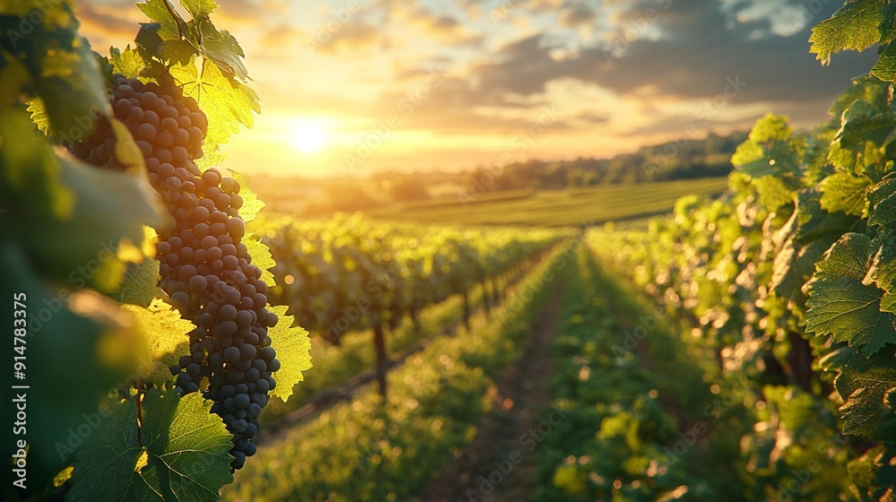 Fototapeta premium Wine Production: Lush Green Fields with Vines and Ripe Grapes, Harvest Time Visuals. Generative AI