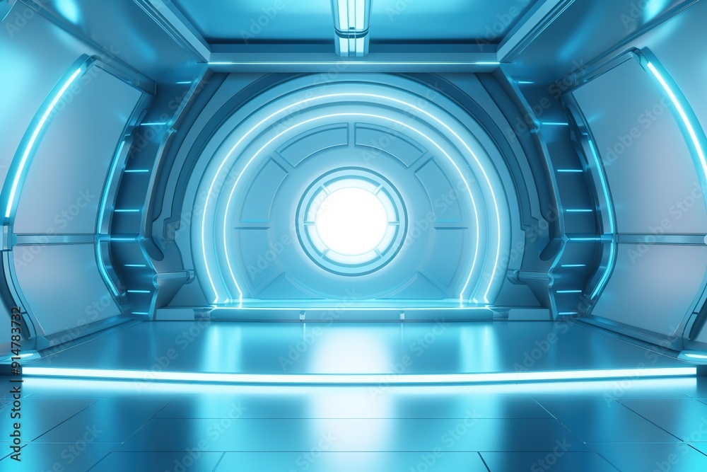 Futuristic blue interior with glowing lines and a circular doorway. Futuristic blue interior with glowing lines and a circular doorway.