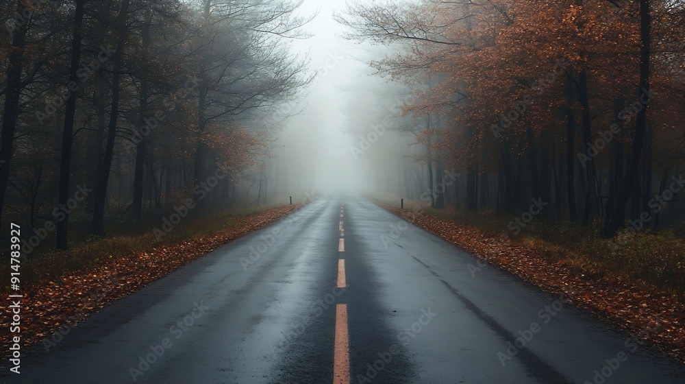 A road that leads into the fog through the forest in the fall season autumn landscape in the wild : Generative AI