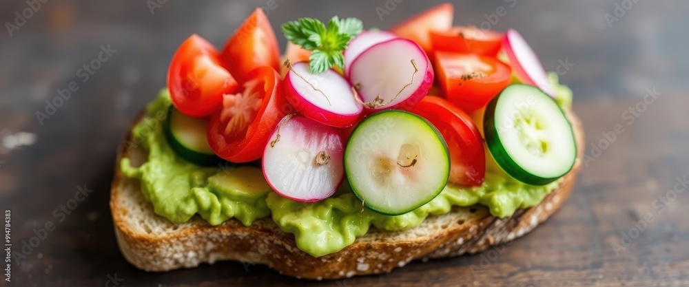 Fresh Avocado Toast with Tomatoes, Cucumbers and Radishes. Fresh Avocado Toast with Tomatoes, Cucumbers and Radishes.