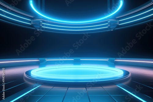 Futuristic blue neon light glowing platform.