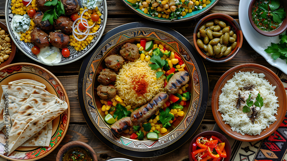 Middle Eastern Suhoor or Iftar meal, Generative AI Middle Eastern Suhoor or Iftar meal, Generative AI