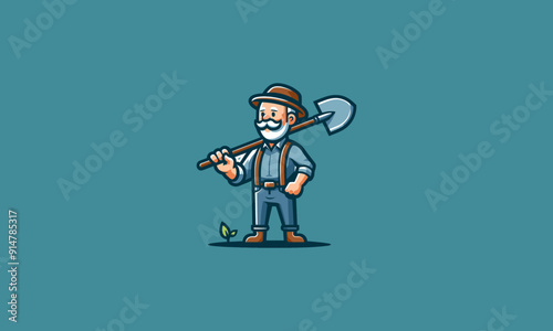 character cartoon grandpa holding hoe vector mascot design