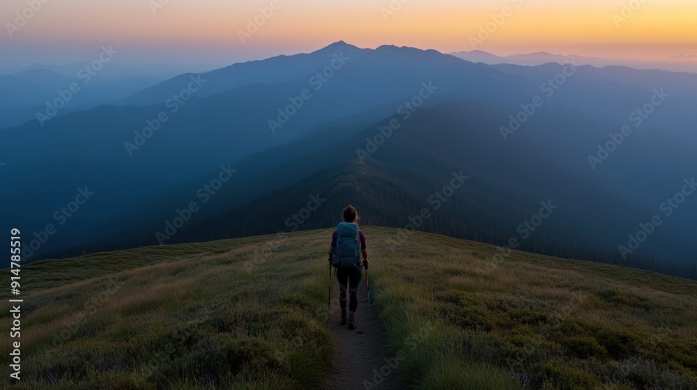 Hiker walking along a mountain trail at sunrise Hiker walking along a mountain trail at sunrise