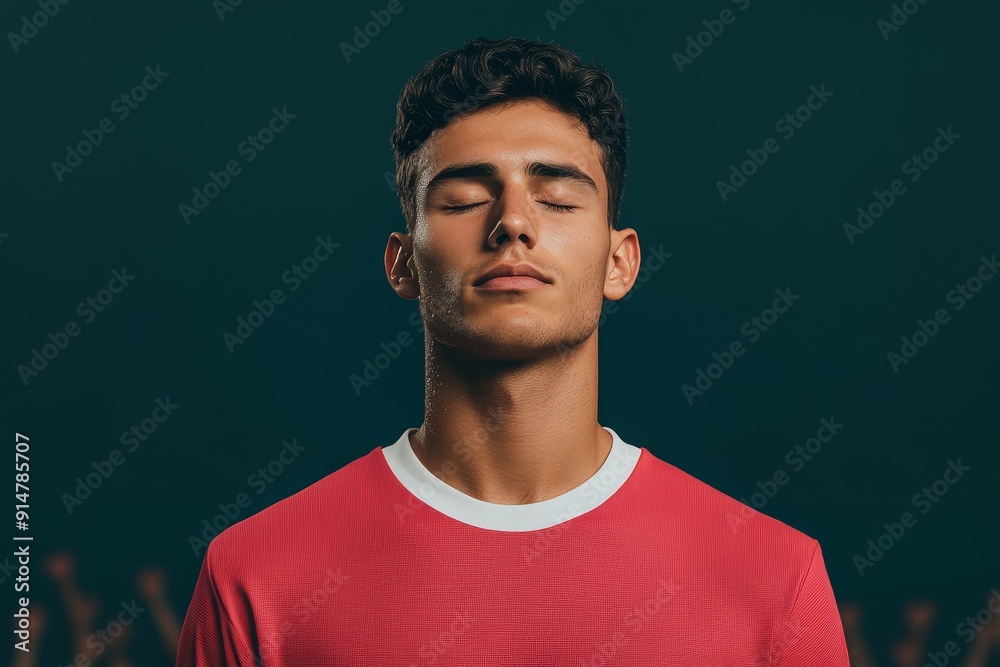 Obraz premium A man in a red shirt is looking at the camera with a calm expression