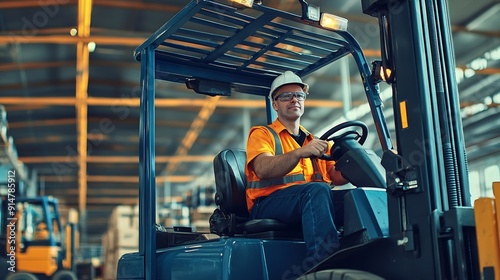 Mature worker driving forklift at warehouse : Generative AI