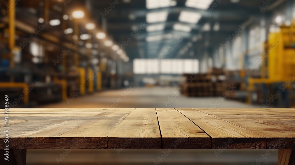 Empty wood table top with blur background of warehouse of factory The table giving copy space for placing advertising product on the table along with beautiful industrial warehouse bac : Generative AI Empty wood table top with blur background of warehouse of factory The table giving copy space for placing advertising product on the table along with beautiful industrial warehouse bac : Generative AI