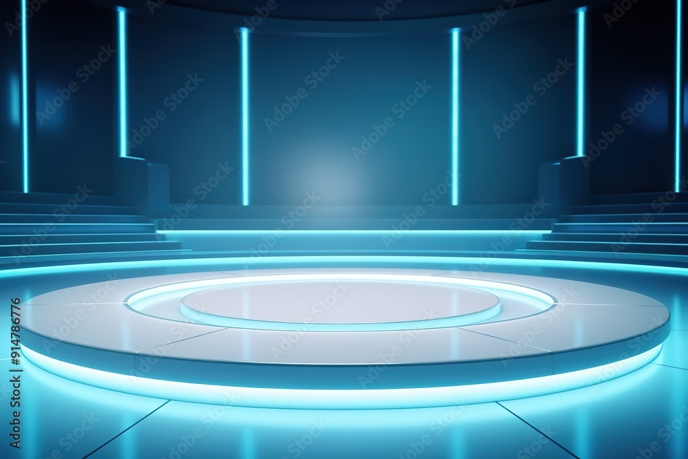 Futuristic circular platform with glowing blue lights. Futuristic circular platform with glowing blue lights.