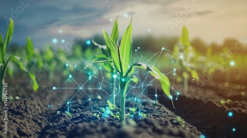 Maize seedling in cultivated agricultural field with graphic concepts modern agricultural technology digital farm smart farming innovation : Generative AI photo