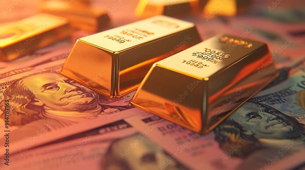 Gold bars above new 100 dollar banknotes Saving concept economy : Generative AI Gold bars above new 100 dollar banknotes Saving concept economy : Generative AI