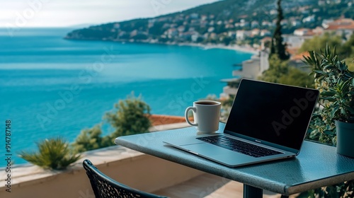 Digital nomad working from a balcony with sea view with a laptop pro 16 inches and a cup of coffee : Generative AI photo