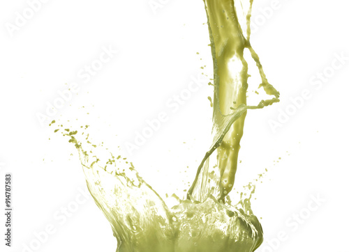 Matcha Green Tea Juice pouring and splash as crown water. Vegetable juice explode bubble splash in mid air. Matcha milk green tea liquid element water. White background isolated photography photo