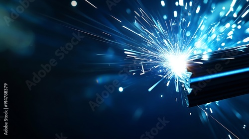 Laser CNC cut of metal with light spark Blue color background banner technology modern industrial : Generative AI