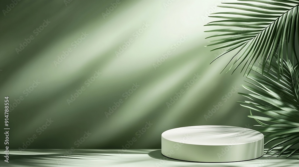 Minimal abstract background for the presentation of a cosmetic product Empty premium podium with a shadow of tropical palm leaves on a green background Showcase display case : Generative AI Minimal abstract background for the presentation of a cosmetic product Empty premium podium with a shadow of tropical palm leaves on a green background Showcase display case : Generative AI