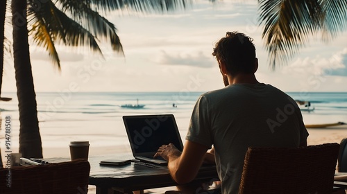 Man working from hotel at the beach Concept for digital nomad work from anywhere work and travel : Generative AI photo