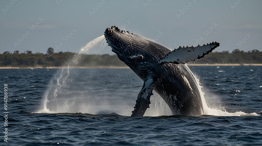 Fototapeta premium Humpback whale splashing in the Pacific Ocean, Alaska, Humpback whale jumping out of the water, AI Generated