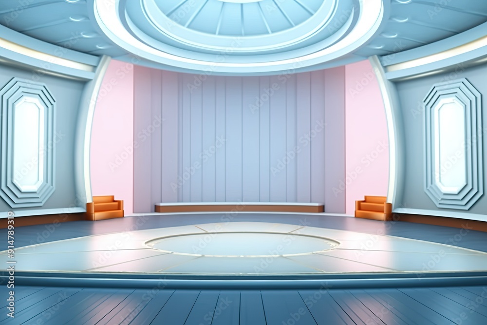 Fototapeta premium Futuristic room with a circular platform and pastel colors.