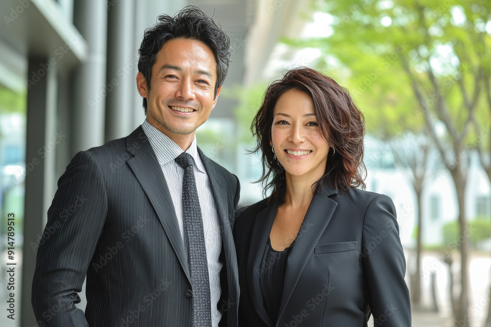 Portrait of a confident, professional, multi-ethnic business couple or partners in suits, smiling warmly at the camera in a close-up shot. Portrait of a confident, professional, multi-ethnic business couple or partners in suits, smiling warmly at the camera in a close-up shot.