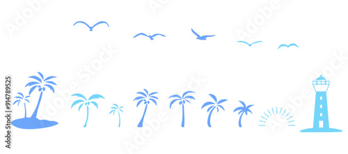 海辺の風景のシルエットイラストのセット　背景イラスト　ヤシの木　灯台