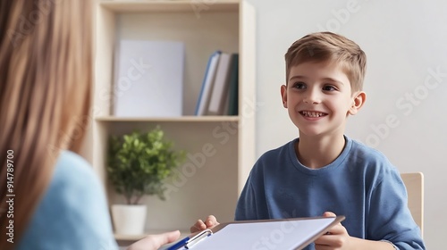 Friendly school counselor or psychologist communicating with a child Young woman sitting at her desk with a clipboard and talking to a happy cheerful little boy Childrens psychology co : Generative AI