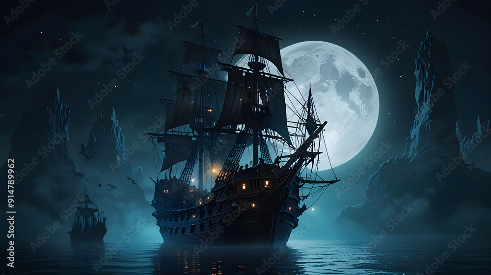 Naklejka premium pirate ship in the night
