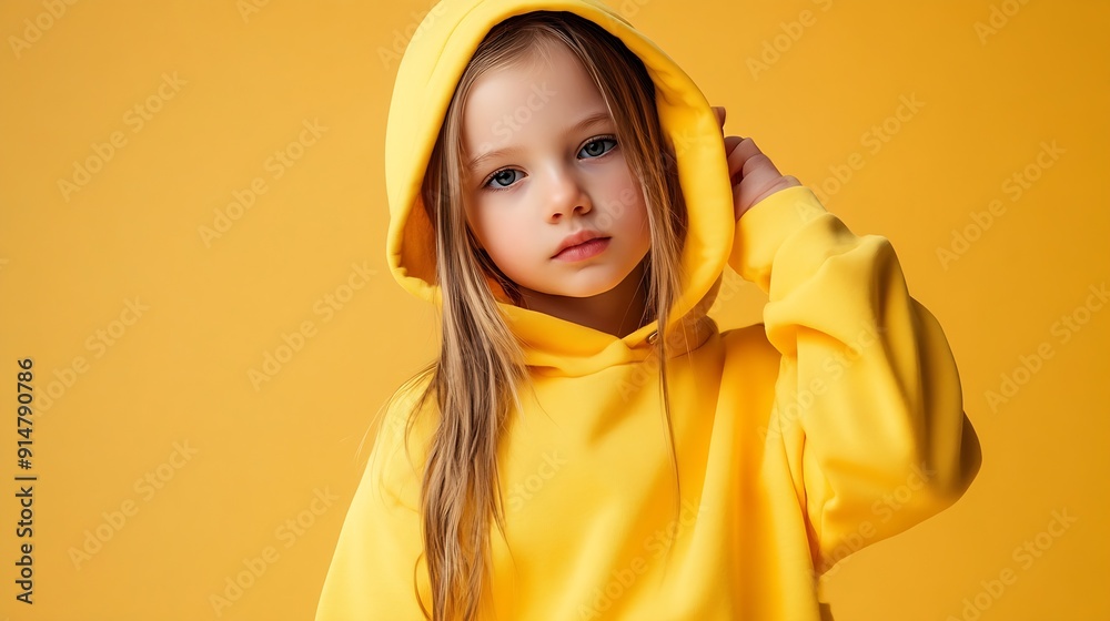 Pretty good girl child modest poses on a light background in yellow hoodie with a hood : Generative AI Pretty good girl child modest poses on a light background in yellow hoodie with a hood : Generative AI