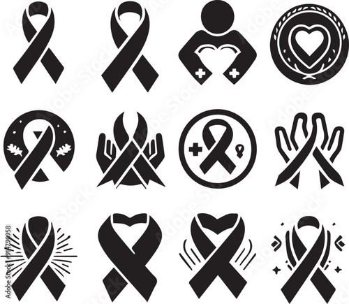 Breast Cancer Awareness silhouette Vector, Black Color Ribbon On white Background, photo