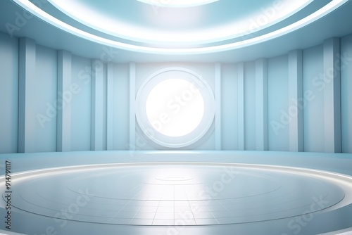 Futuristic minimalist room with a circular platform and a large, glowing circle in the wall.