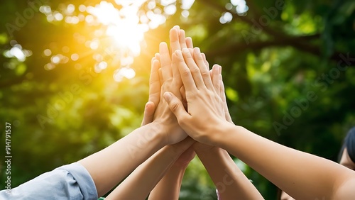 Team High five teamwork working together diverse hands up show power of tag team. Hands of multiethnic diversity people togetherness volunteer. Collaborate business team success concept