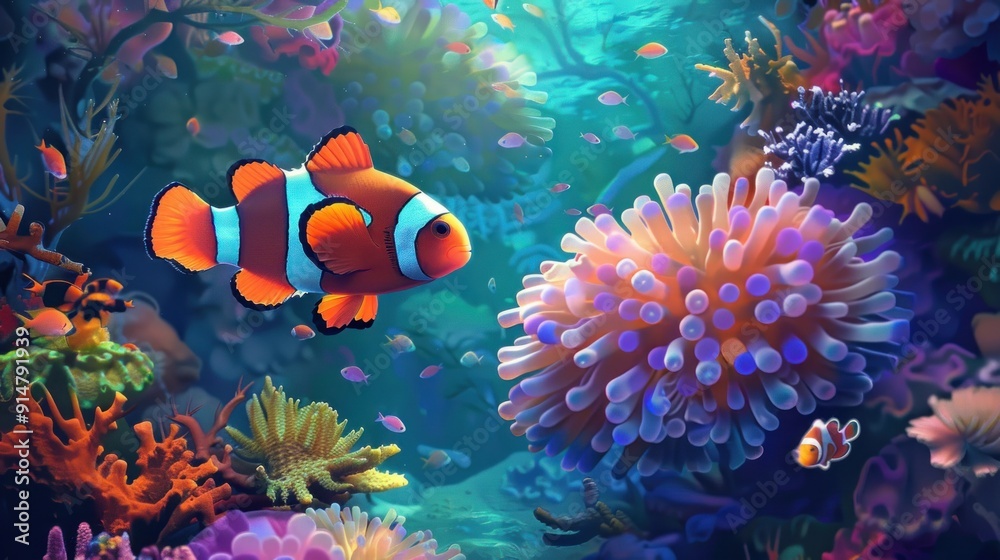 Naklejka premium A Clownfish Swimming Through a Coral Reef