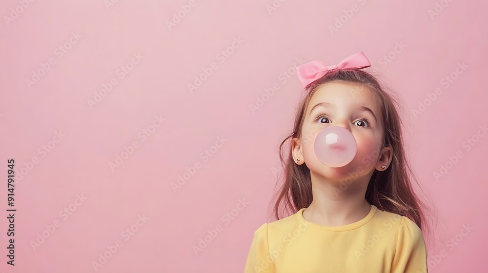 Happy and carefree childhood Fashionable little girl kid blowing gum bubble isolated over pink color background Concept of children emotions fashion beauty back to school travel and ad : Generative AI Happy and carefree childhood Fashionable little girl kid blowing gum bubble isolated over pink color background Concept of children emotions fashion beauty back to school travel and ad : Generative AI