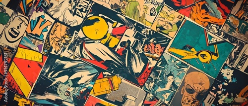 overlay of retro comic designs, on black background, Generative AI