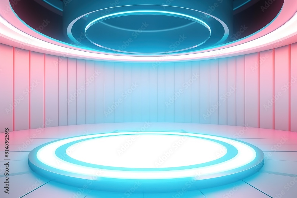 Obraz premium Futuristic blue neon stage with glowing circular platform.