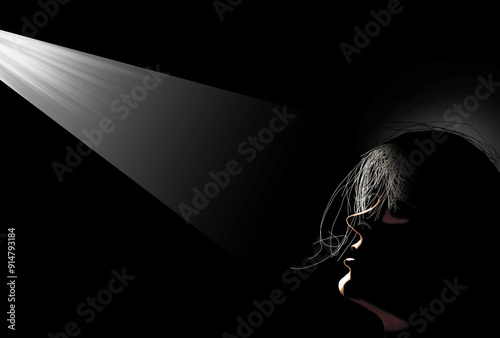 A woman with messy hair looks up into a light in a very low key 3-d illustration about seeing the light, getting and idea or having a special moment of realization. photo