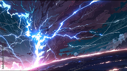 An anime scene featuring vibrant lightning against a clear blue sky, capturing a dynamic and energetic atmosphere.