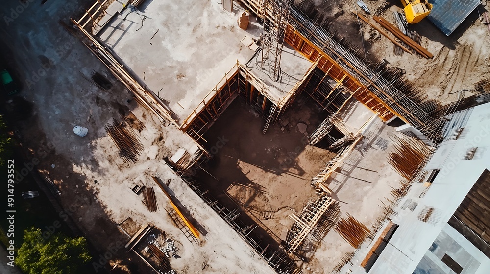 Top view of construction site during concreting of basement stairs : Generative AI Top view of construction site during concreting of basement stairs : Generative AI