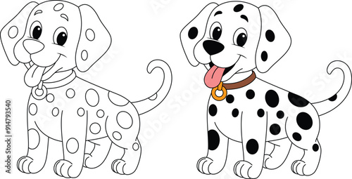 Cute Baby Dalmatian Dog Isolated on White Background Outline Coloring Page