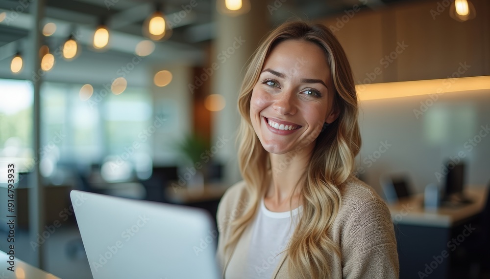 Happy businesswoman smiling in office. Happy businesswoman smiling in office.